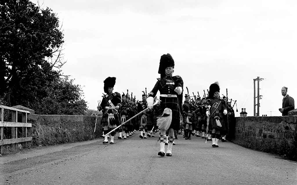 Massed Pipe Bands on the bridge 1969